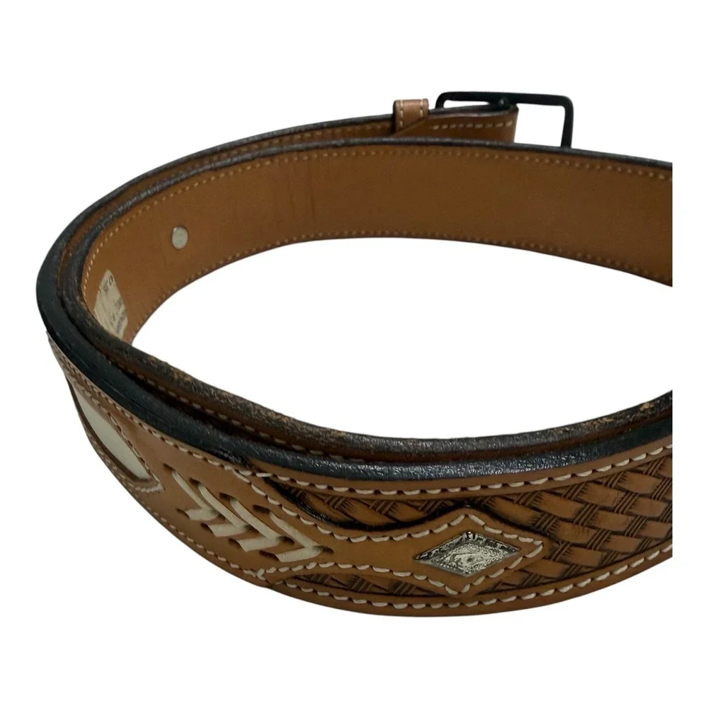 Tex Tan Western CowBasketweave Belt Mens 40 Brown Laced Leather USA Vintage‎